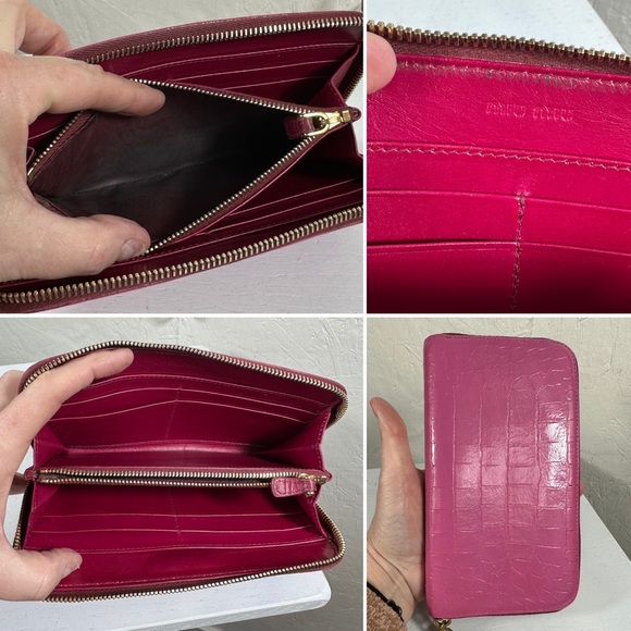 🔥SALE‼️MIU MIU Vernice Crocodile Embossed Calfskin Zip Around Wallet pink - Picture 6 of 8
